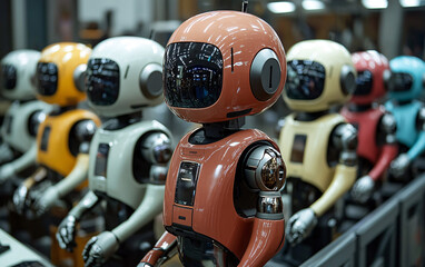 Fototapeta premium Group of futuristic humanoid robots with sleek mechanical designs and vibrant orange and white accents, showcasing advanced technology and innovation in a structured formation