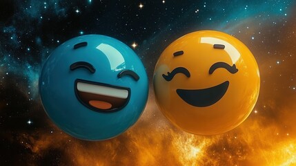 Fototapeta premium a blue smilingemoji next to a yellow smiling emoji, sage silver background 