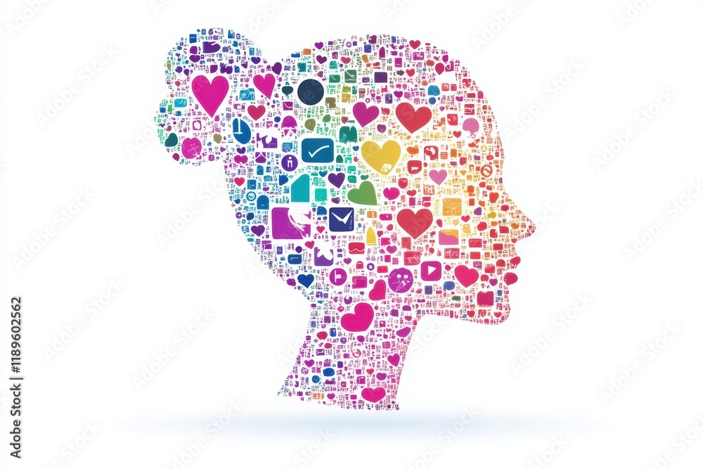 Poster stylized human face formed by colorful icons representing various emotions and interests in a creati
