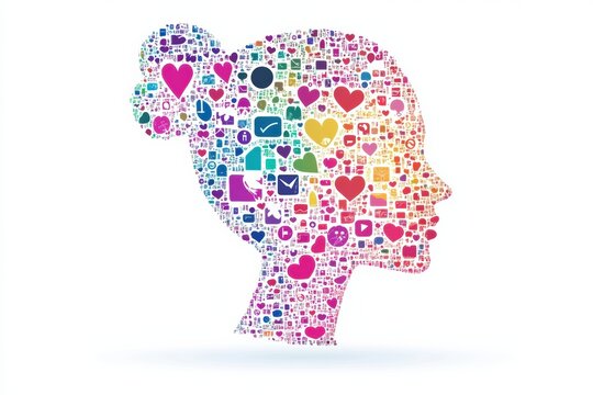 Stylized human face formed by colorful icons representing various emotions and interests in a creative digital artwork. Generative AI