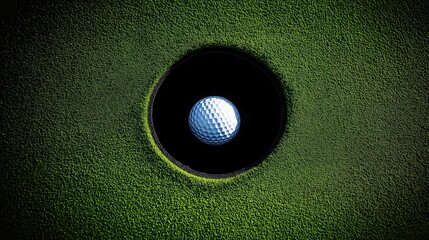 Golf ball sits precisely in black hole on vibrant green putting green. Success in sport of golf highlighted. Vibrant colors, detailed texture evoke luxurious, dynamic scene. Perfect for golf