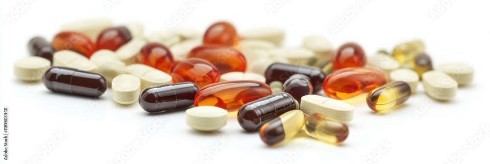 Poster colorful assortment of pills and capsules displayed on a white background in various shapes and size