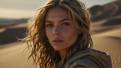 Fototapeta premium Model poses thoughtfully in a serene desert landscape at sunset with flowing hair and natural makeup
