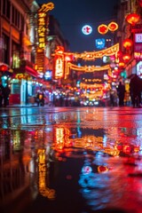 Fototapeta premium Reflective puddles on a rain-slicked street illuminate the vibrant, blurry lights and lanterns of a bustling Asian night market