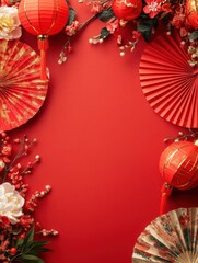 Festive Red Chinese New Year Background Lanterns Fans Flowers