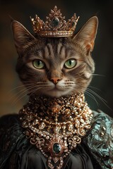 portrait of a cat, high fashion Style, stylish clothes and luxury necklace of jeweleries, wearing a crown