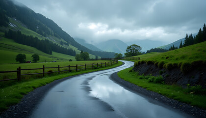 Obraz premium Scenic winding road through green countryside