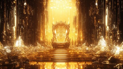 A majestic golden throne room illuminated by radiant light and sparkling crystals.