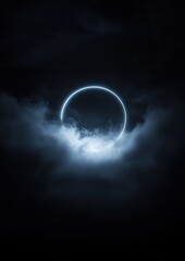 Digital art piece that appears to be a photograph of a total solar eclipse. the background is black, and the sky is filled with dark clouds.