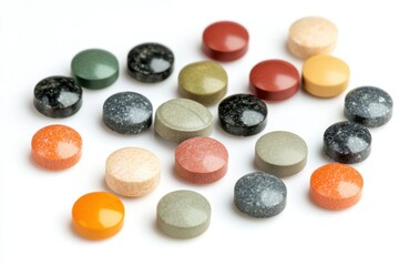 Colorful variety of pills and capsules arranged artfully on a white surface showcasing health and wellness products. Generative AI