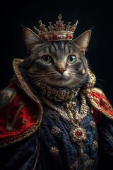 portrait of a cat, high fashion Style, stylish clothes and luxury necklace of jeweleries, wearing a crown