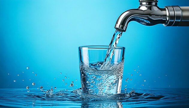 Generated image : eau qui coule d'un robinet dans un verre d'eau