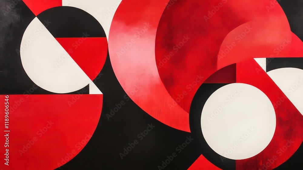 Poster abstract red and black geometric artwork with circles and semicircles.