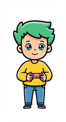 Cute Cartoon Boy Playing Video Games Happy Gamer Child Holding Gamepad Green Hair