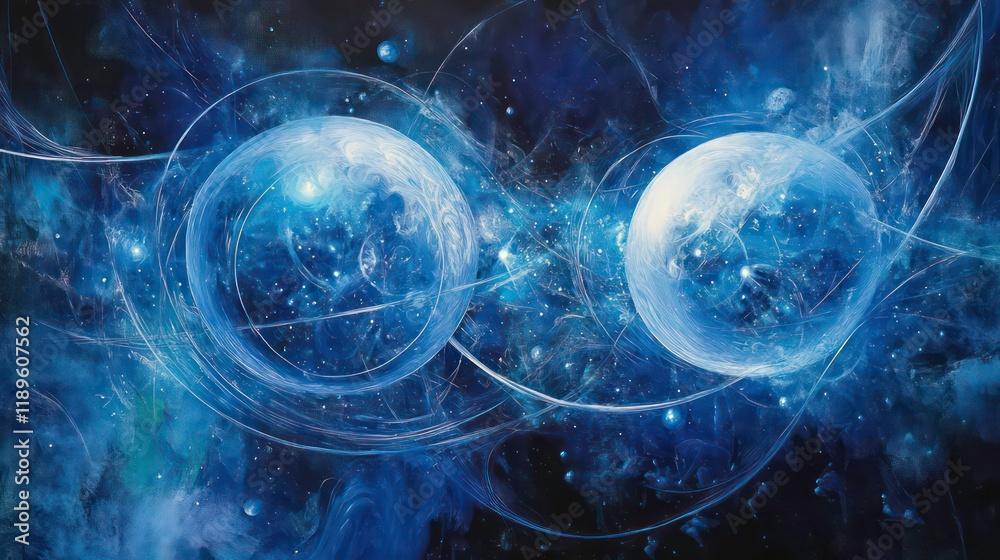 Poster abstract cosmic spheres connected by luminous energy streams in a dark blue nebula.
