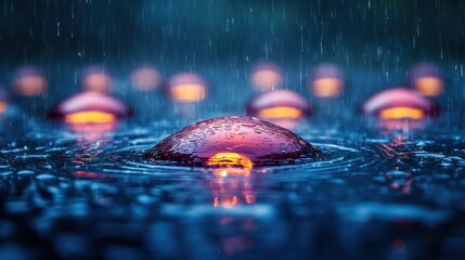 Raindrops create ripples around glowing red orbs in a serene, wet environment.