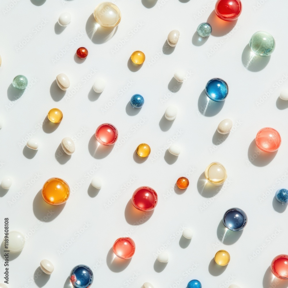 Aufkleber colorful variety of pills and capsules arranged in a decorative pattern on a light background showca