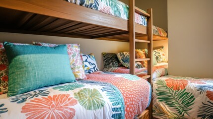 Colorful bedding on a wooden bunk bed.