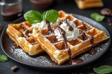 Delicious waffles topped with whipped cream and chocolate sauce. Perfect sweet treat!