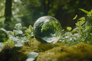 Captivating Glass Sphere Reflecting Verdant Forest Scenery on a Mossy Surface, Symbolizing Nature’s Serenity and Environmental Preservation