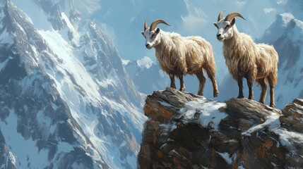 Two mountain goats standing on a rocky cliff overlooking a snowy mountain range.