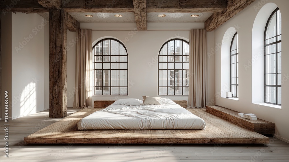 Sticker Minimalist bedroom with platform bed.