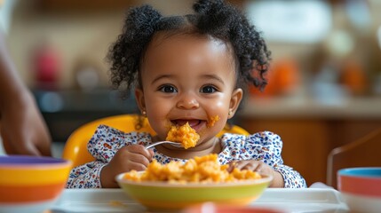 Happy baby girl enjoying a meal of macaroni and cheese.