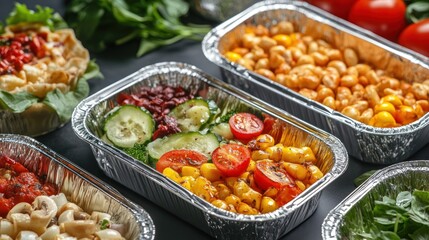 Healthy meal prep in aluminum containers.