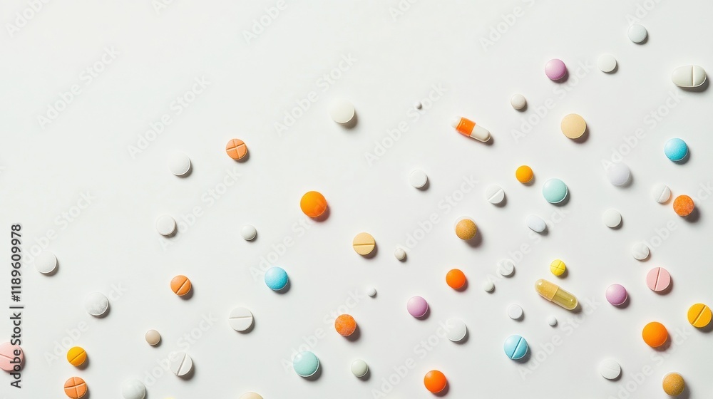 Aufkleber colorful assortment of pills and capsules arranged on a plain surface in a well lit setting. generat