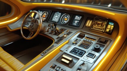 Obraz premium Futuristic car interior with yellow accents, digital dashboard, and classic steering wheel.