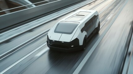 Fototapeta premium Futuristic autonomous white van speeding on elevated highway.