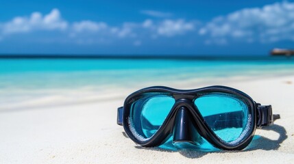 Diving mask on a tropical beach with turquoise water.