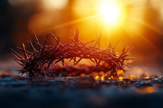 A table in a dark room displays Jesus' crown of thorns, illuminated by window light, offering blank space for use in a Christian background or Easter concept