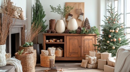 interior of christmas tree with fireplace and presents