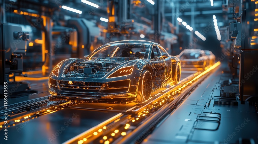 Poster a sophisticated assembly line operates with advanced ai technology, assembling vehicles with precisi