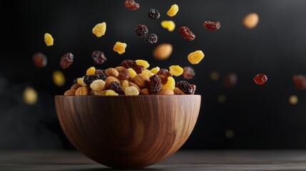 Wooden bowl filled with raisins and almonds, with more falling into it against a dark background.