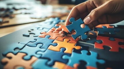 Hand placing puzzle piece, teamwork, problem solving.