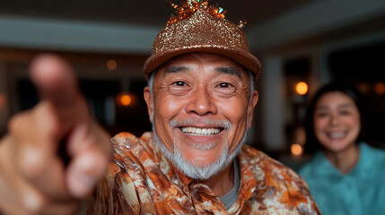 An elderly man of East Asian descent wearing a festive hat, pointing at the camera with a cheerful laugh.