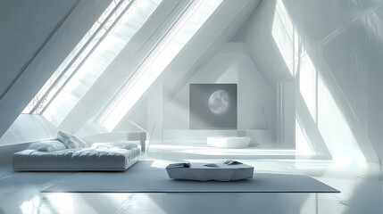 Fototapeta premium Contemporary mansard in white and bleached tones. kitchen, living and dining room with sofa and table. iron beams and resin floor. minimalist interior design. Moonshard. Illustration
