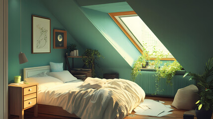 Cozy girl's mansard loft bedroom design generative ai. Moonshard. Illustration