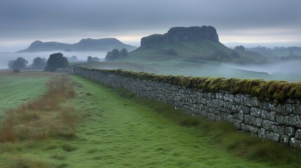 Moss-covered stone wall in a foggy landscape on a quiet morning
