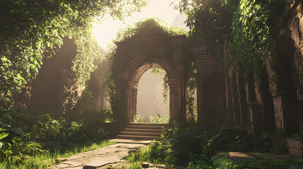 Obraz premium Entrance view of ancient chinese architecture with lush gardens at sunset. generative ai. Moonshard. Illustration