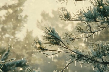 Snow-covered pine branches with icicles hanging down, backlit by soft sunlight