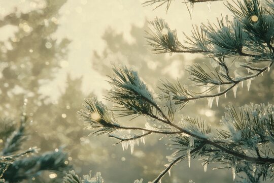 Snow-covered pine branches with icicles hanging down, backlit by soft sunlight