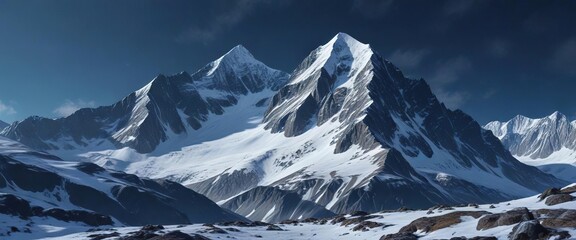 Snow-covered mountain landscape with a dark blue background, snowfall, snowy mountain, peaceful atmosphere
