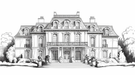 Hand-drawn illustration of a grand french-style mansion with a mansard roof, symmetrical facade, and lush landscaping. Moonshard. Illustration