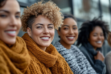 Confident mature women smiling, sitting together in a friendly, supportive atmosphere.