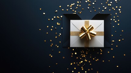 Elegant white gift box with gold ribbon in black envelope, gold confetti.