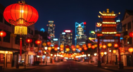 Vibrant Red Lanterns Illuminate Nighttime Asian City Street Festive Atmosphere Chinese New Year