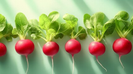 Freshly harvested radishes with vibrant green tops arranged neatly on a white background
